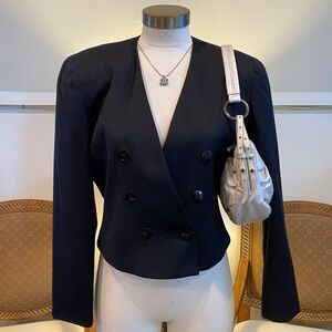 Vintage Black Double-Breasted Women's Cropped Jacket Blazer, Wool Power Dressing